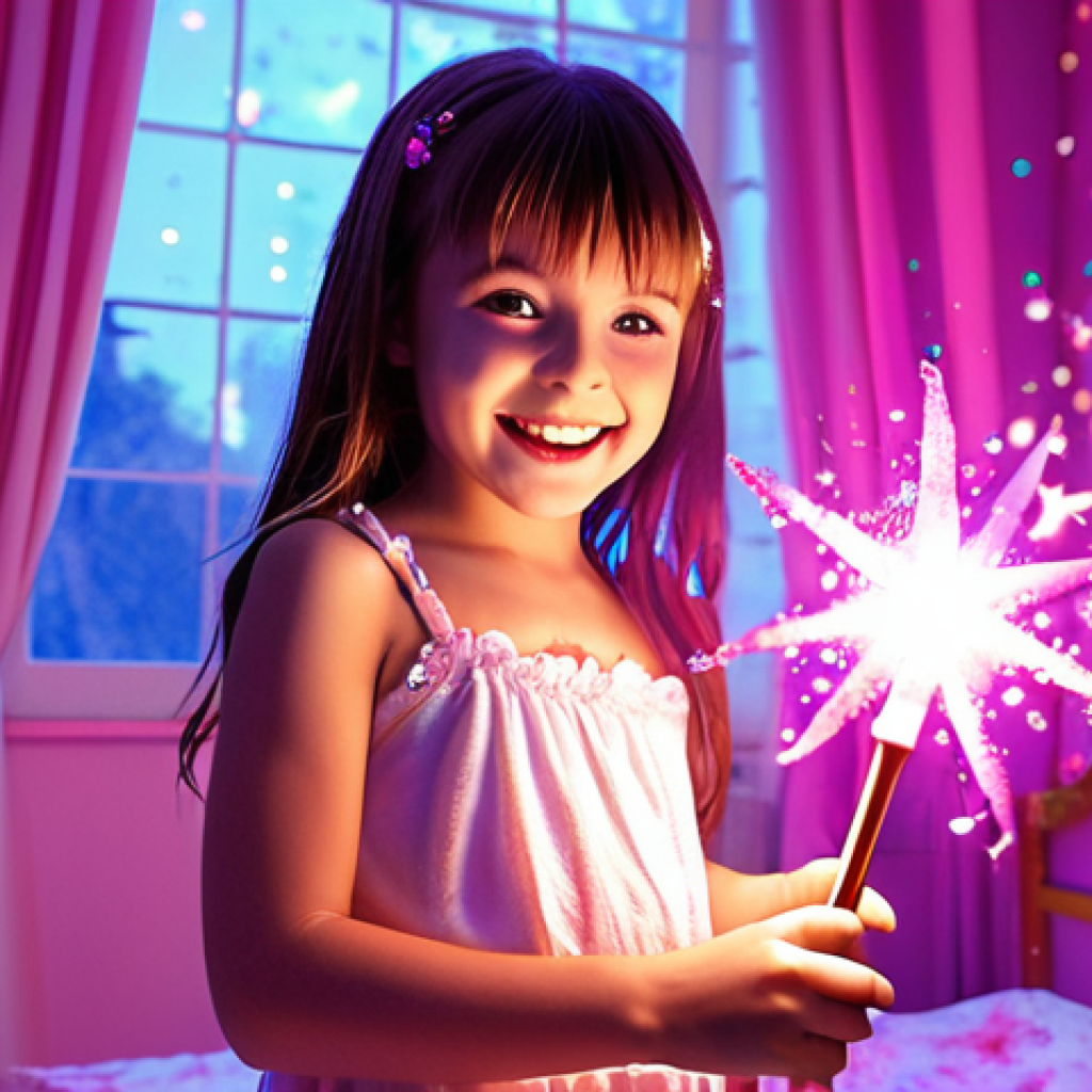 Imaginative Play & Transformation**
    A joyful young girl, around 6 years old, holding a glowing Sofyruby magic wand, deeply immersed in imaginative play. She stands in a whimsical, softly lit room, bathed in magical, pastel light effects, as if mid-transformation. Her face radiates pure happiness and wonder. Vibrant colors, high detail, dreamlike atmosphere, magical girl anime style.

2.  **Prompt for
