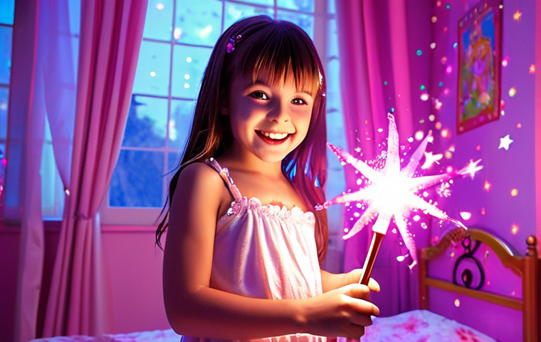Imaginative Play & Transformation**
A joyful young girl, around 6 years old, holding a glowing Sofyruby magic wand, deeply immersed in imaginative play. She stands in a whimsical, softly lit room, bathed in magical, pastel light effects, as if mid-transformation. Her face radiates pure happiness and wonder. Vibrant colors, high detail, dreamlike atmosphere, magical girl anime style.
2. **Prompt for