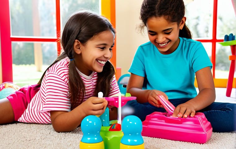 A group of diverse, happy young children, fully clothed in modest, bright casual wear, deeply engaged in imaginative play with Sophie Ruby transformation toys in a vibrant, sunlit playroom. One girl holds a shining Sophie Ruby magic wand, another interacts with a multi-form Sophie Ruby palace playset. The children are smiling, focused, creating their own unique stories. Bright, soft studio lighting, professional photography, high quality. safe for work, appropriate content, fully clothed, family-friendly, perfect anatomy, correct proportions, natural pose, well-formed hands, proper finger count, natural body proportions.