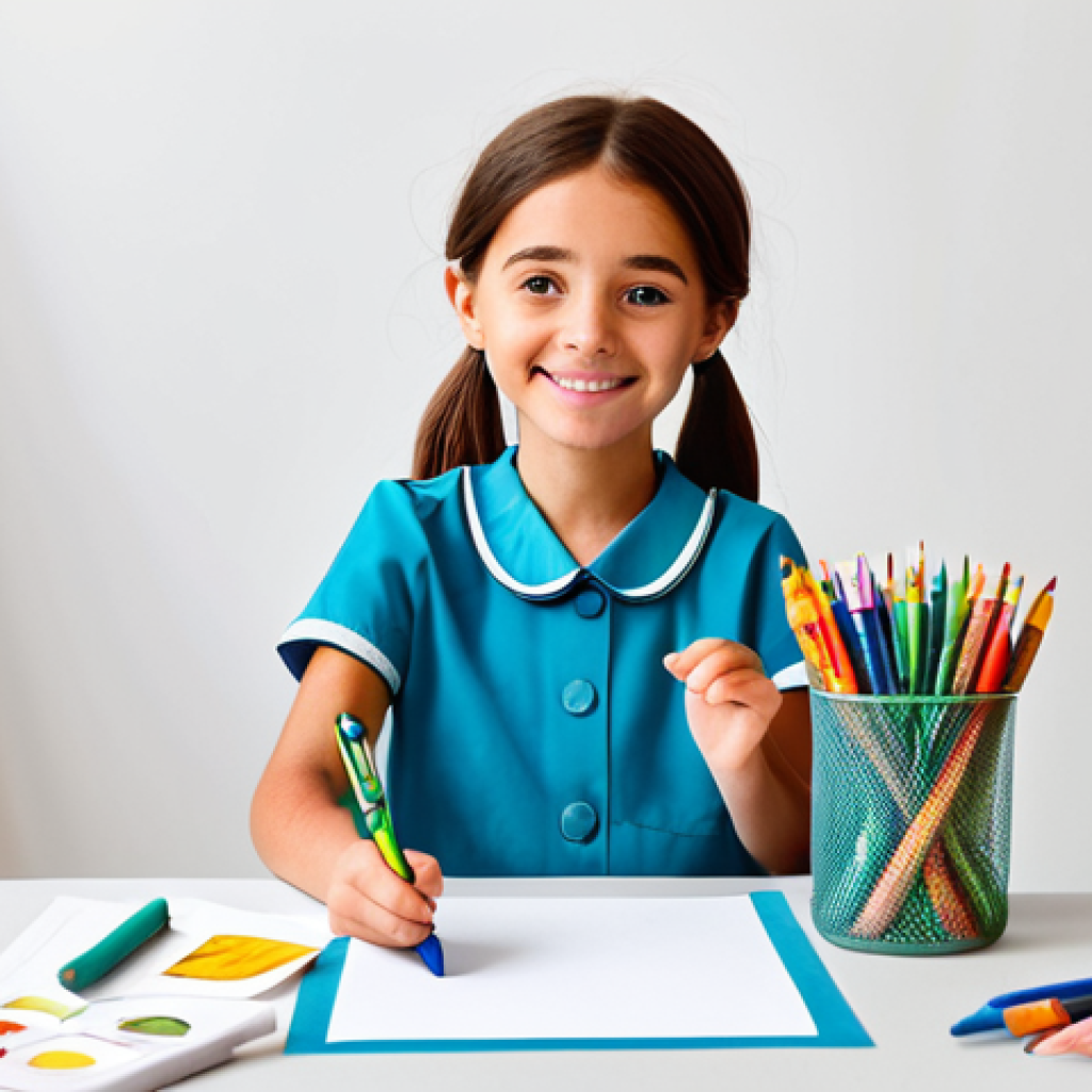 A young animated girl character, inspired by Sophie Ruby, fully clothed in a vibrant, modest and appropriate outfit, joyfully holding a crayon and a piece of paper with a colorful drawing. She is surrounded by subtle, whimsical elements that symbolize various professional roles, such as miniature, stylized tools of a scientist, a doctor, and a firefighter, subtly integrated into the background to inspire curiosity and imagination. The setting is a brightly lit, family-friendly art studio, filled with drawing supplies and educational elements, promoting creativity and intellectual growth. Safe for work, appropriate content, fully clothed, family-friendly, perfect anatomy, correct proportions, natural pose, well-formed hands, proper finger count, natural body proportions, professional photography, high quality.