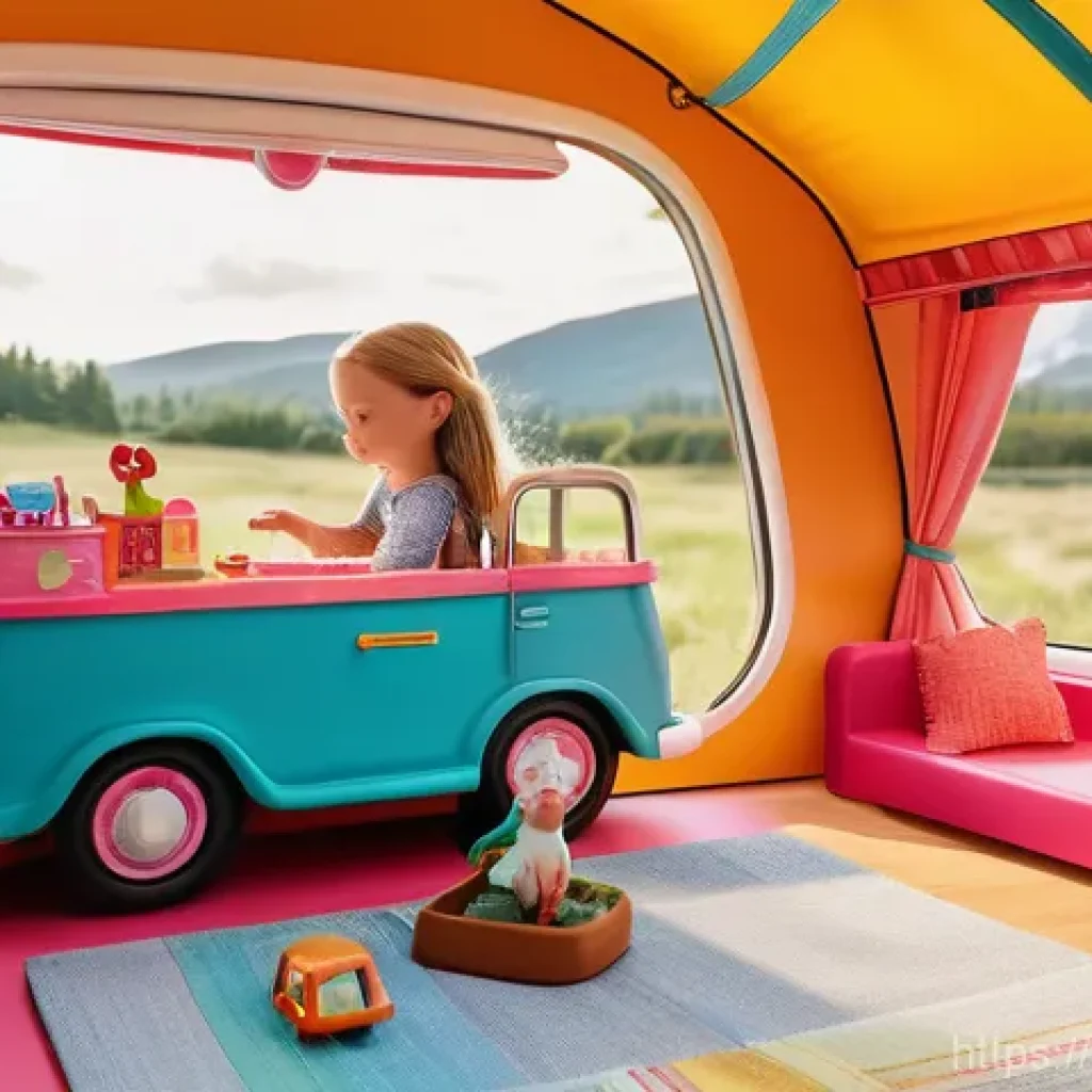 소피루비와 어린이 창의력 - A bright and whimsical scene featuring a young girl, aged 6-7, immersed in imaginative play with a d...