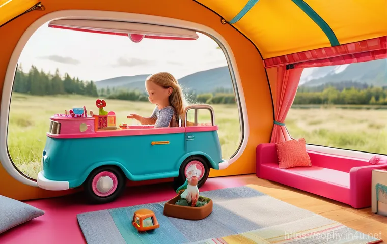 소피루비와 어린이 창의력 - A bright and whimsical scene featuring a young girl, aged 6-7, immersed in imaginative play with a d...