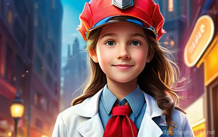 소피루비 심리적 메시지 - A vibrant, dynamic illustration of a young girl named Ruby, approximately 8-10 years old, with brigh...