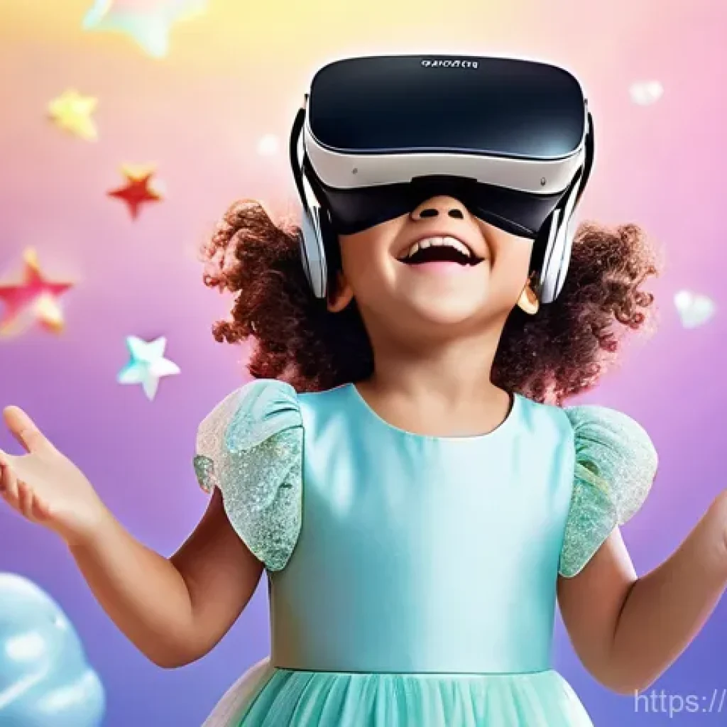 소피루비 캐릭터 상호작용 - **Prompt:** A joyful young girl, approximately 7-9 years old, wearing a sleek, modern VR headset, st...