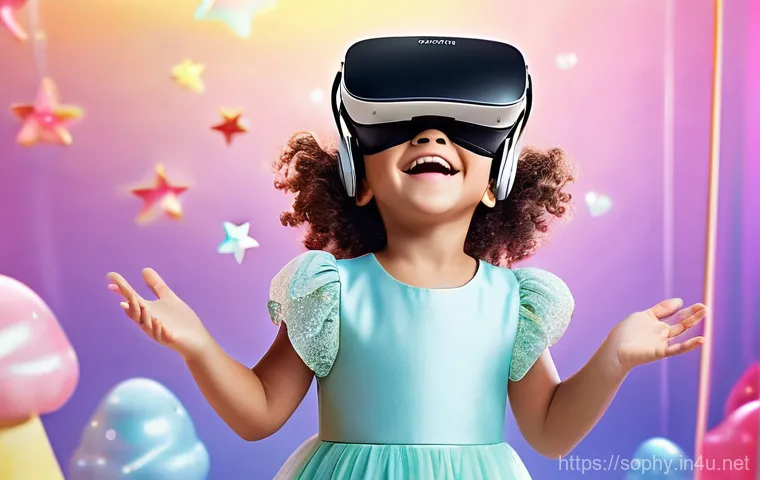 소피루비 캐릭터 상호작용 - **Prompt:** A joyful young girl, approximately 7-9 years old, wearing a sleek, modern VR headset, st...