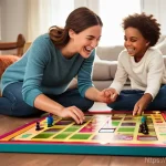 소피루비 관련 보드게임 - A joyful family of four, including a mother, father, and two children (a girl and a boy), gathered a...