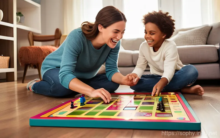 소피루비 관련 보드게임 - A joyful family of four, including a mother, father, and two children (a girl and a boy), gathered a...