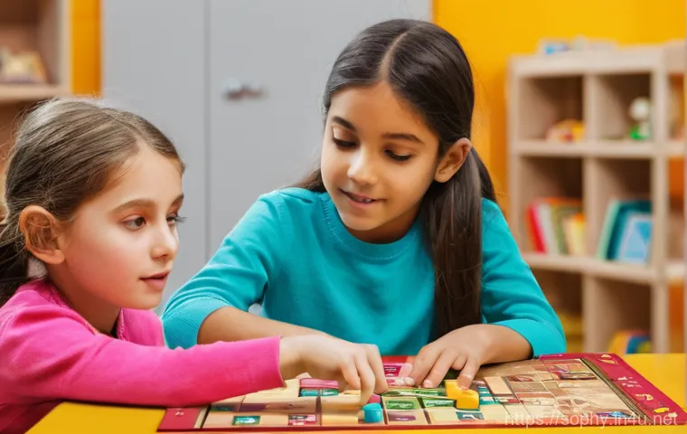 소피루비 관련 보드게임 - A young girl, approximately 7-8 years old, is deeply engrossed in a "Sophie Ruby" board game. Her fa... 소피루비 관련 보드게임 - A young girl, approximately 7-8 years old, is deeply engrossed in a "Sophie Ruby" board game. Her fa...