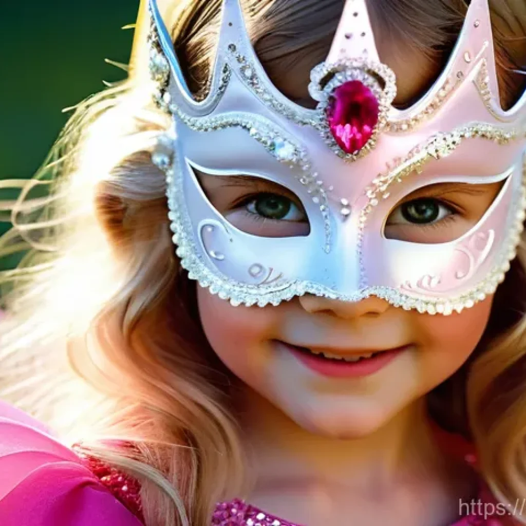 소피루비 가면 만들기 - A joyful young girl, approximately 6-7 years old, with bright eyes, wearing a handmade, sparkling So...