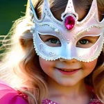 소피루비 가면 만들기 - A joyful young girl, approximately 6-7 years old, with bright eyes, wearing a handmade, sparkling So...