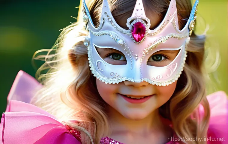 소피루비 가면 만들기 - A joyful young girl, approximately 6-7 years old, with bright eyes, wearing a handmade, sparkling So...