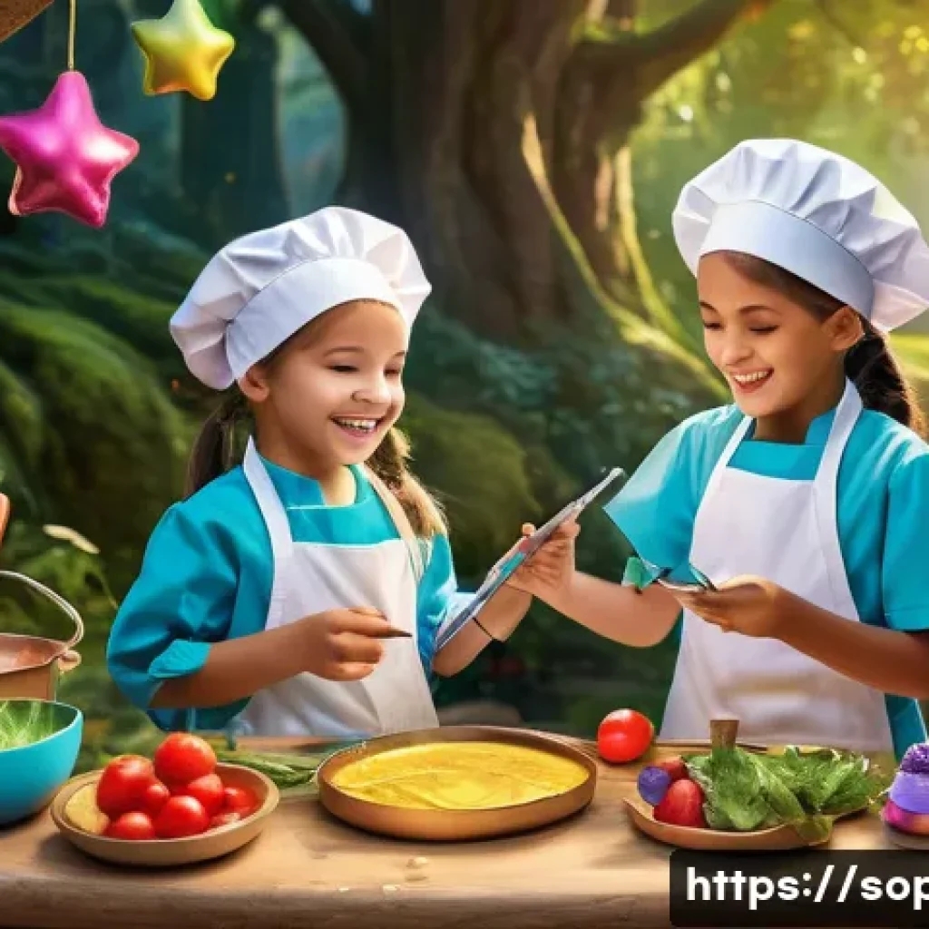 소피루비와 자매 애니메이션 - A vibrant scene depicting Ruby and her sisters joyfully exploring various professions in a magical k...