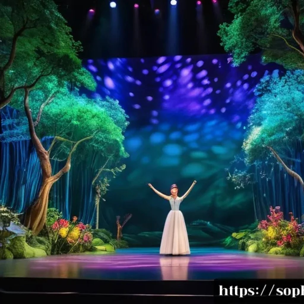 소피루비의 음악 연출 - A vibrant theatrical stage scene from the "Sophie Ruby" musical featuring colorful LED lighting and ...
