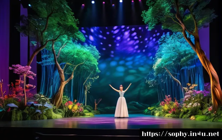 소피루비의 음악 연출 - A vibrant theatrical stage scene from the "Sophie Ruby" musical featuring colorful LED lighting and ...