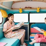 Home 18 소피루비 상품화 전략 - A cheerful and colorful scene showing Sophie Ruby and her friends inside a cozy camper van dormitory...