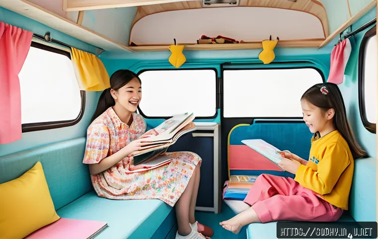 소피루비 상품화 전략 - A cheerful and colorful scene showing Sophie Ruby and her friends inside a cozy camper van dormitory...